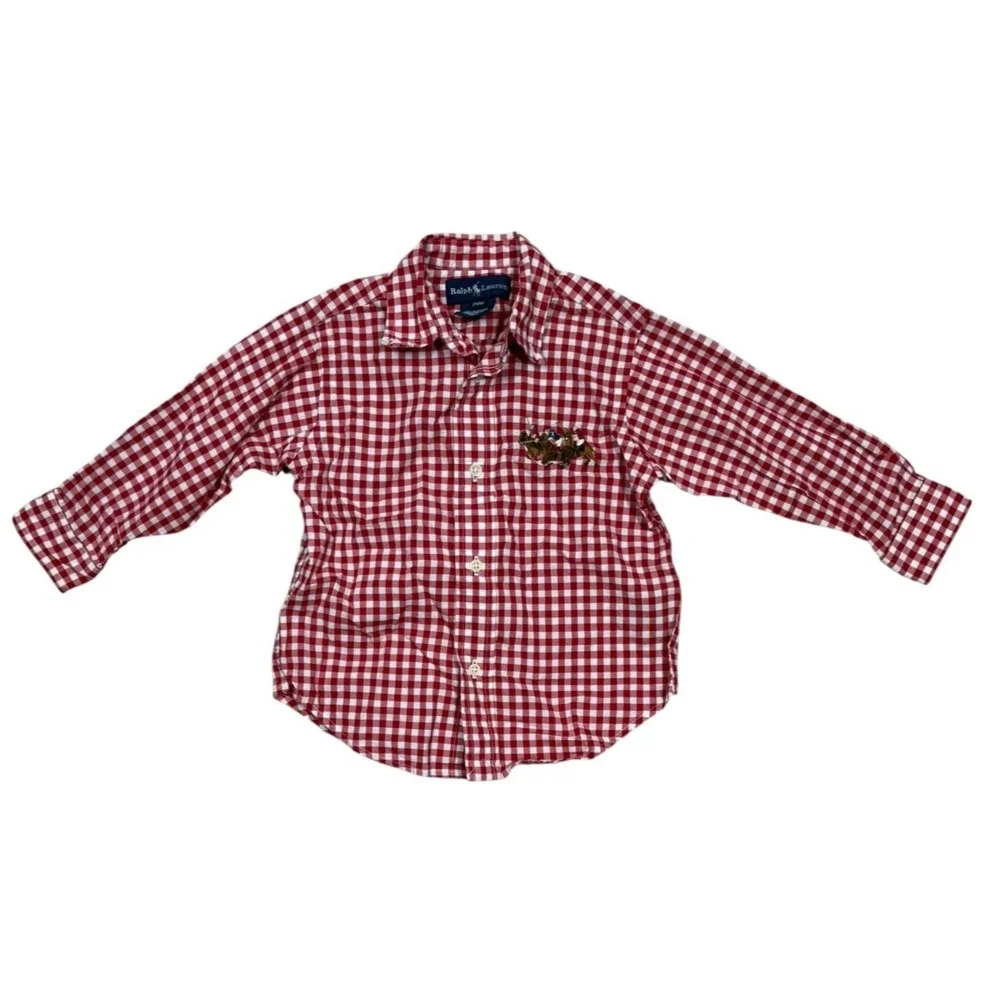 Ralph Lauren Boys Red Gingham Plaid Cotton Long Sleeves Button Up Shirt Size 24M